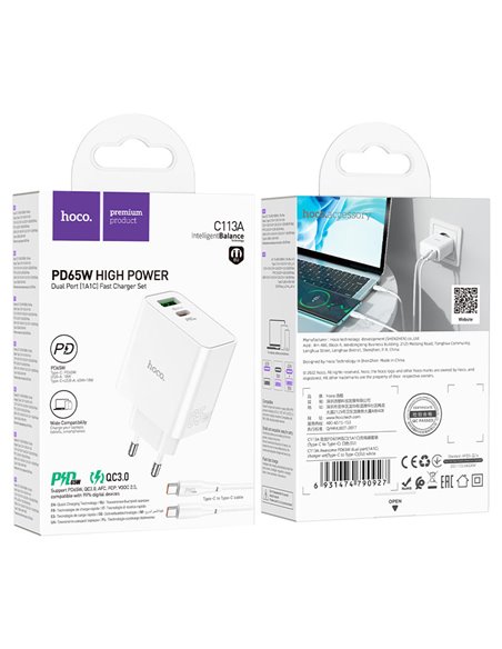 Зарядное устройство HOCO C113A Awesome/ up to PD65W / QC3.0, White Зарядное устройство HOCO C113A Awesome/ up to PD65W / QC3.0, White