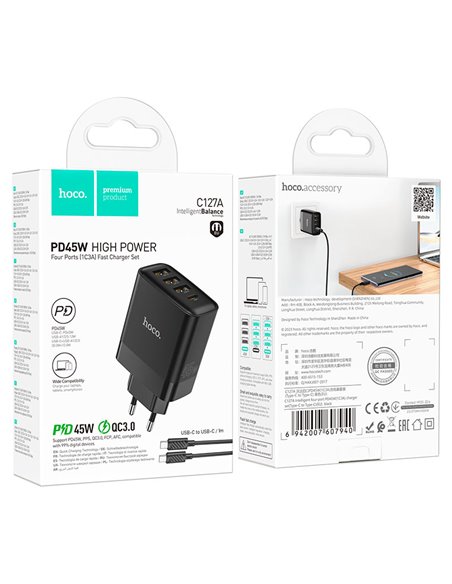 Incarcator USB HOCO C127A Intelligent / up to PD45W / QC3.0, Black