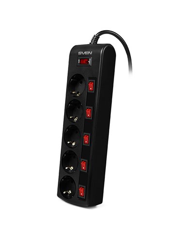 Surge Protector SVEN SF-05PL, 5 Sockets, 1.8m, individual switches, Black