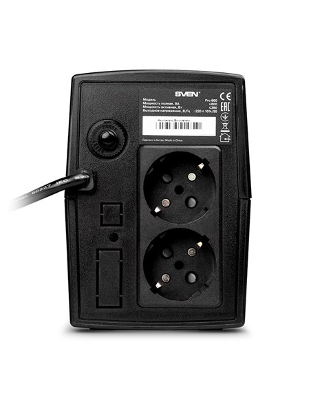 SVEN Pro 600, Line-interactive UPS with AVR, 600VA /360W, 2x Schuko outlets, 1x7AH, AVR: 175-280V, Cold start function, Black SVEN Pro 600, Line-interactive UPS with AVR, 600VA /360W, 2x Schuko outlets, 1x7AH, AVR: 175-280V, Cold start function, Black