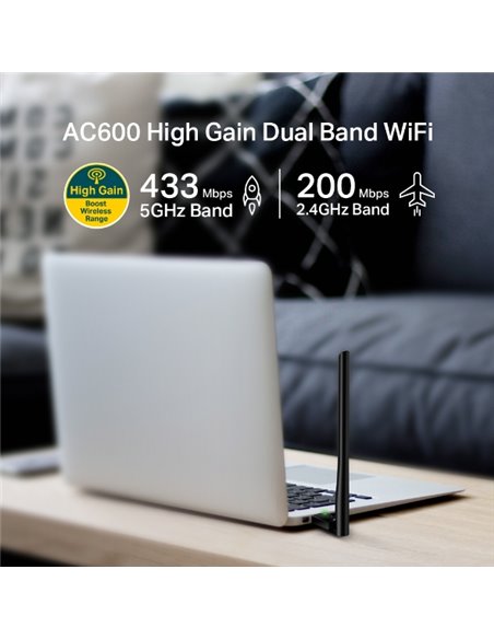 TP-LINK Archer T2U Plus AC600 Wireless Dual Band USB Adapter, 433Mbps on 5GHz + 150Mbps on 2.4GHz, 802.11a/b/g/n/ac, High Gai...