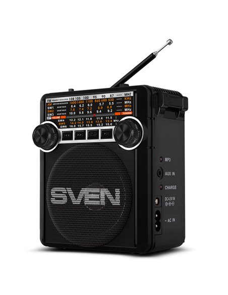 SVEN SRP-355 Black, FM/AM/SW Radio, 3W RMS, 8-band radio receiver, built-in audio files player from USB-fash, microSD and SD ...