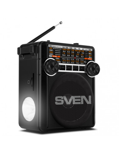SVEN SRP-355 Black, FM/AM/SW Radio, 3W RMS, 8-band radio receiver, built-in audio files player from USB-fash, microSD and SD ...