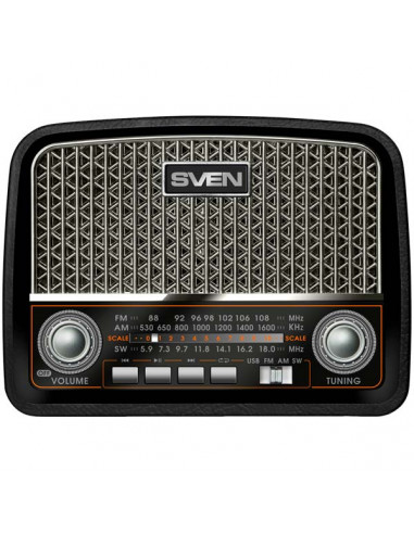 SVEN SRP-555 Black-Silver, FM/AM/SW Radio, 3W RMS, built-in audio files player from USB-fash, microSD and SD card storage dev...