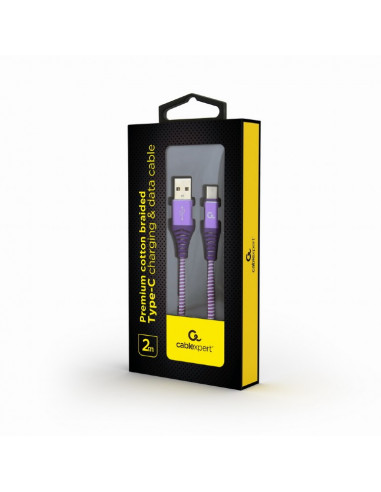 Cable USB2.0/Type-C Premium cotton braided - 2m - Cablexpert CC-USB2B-AMCM-2M-PW, Purple/White, USB 2.0 A-plug to type-C plug...