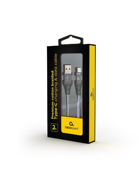 Cable USB2.0/Type-C Premium cotton braided - 2m - Cablexpert CC-USB2B-AMCM-2M-WB2, Spacegrey/White, USB 2.0 A-plug to type-C ...