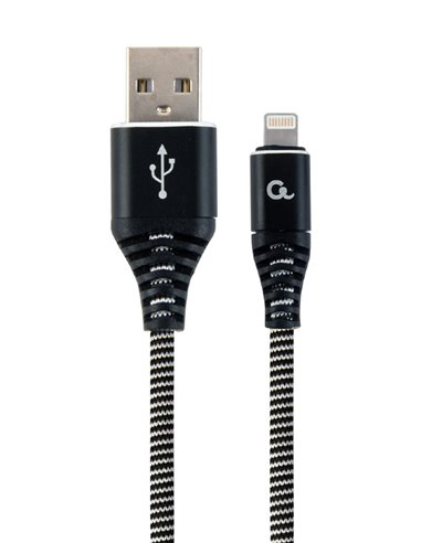 Cable USB2.0/8-pin (Lightning) Premium cotton braided - 2m - Cablexpert CC-USB2B-AMLM-2M-BW, Black/White, USB 2.0 A-plug to 8...