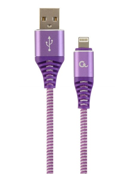 Cable USB2.0/8-pin (Lightning) Premium cotton braided - 2m - Cablexpert CC-USB2B-AMLM-2M-PW, Purple/White, USB 2.0 A-plug to ...