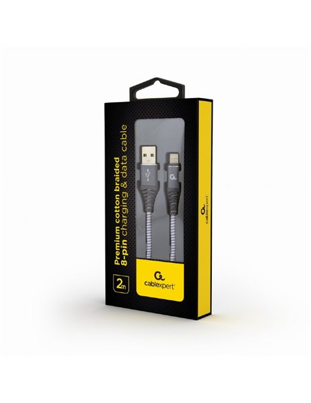 Cable USB2.0/8-pin (Lightning) Premium cotton braided - 2m - Cablexpert CC-USB2B-AMLM-2M-WB2, Spacegrey/White, USB 2.0 A-plug...