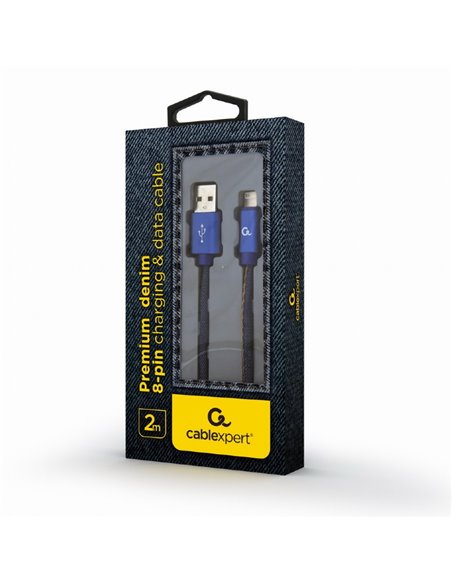 Cable USB2.0/8-pin (Lightning) Premium Jeans - 2m - Cablexpert CC-USB2J-AMLM-2M-BL, Blue, USB 2.0 A-plug to 8-pin plug, blister
