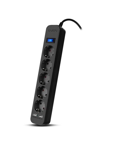 Surge Protector SVEN SF-05LU, 5 Sockets + 2 USB (2,4 A) , 1.8m, Black, color box