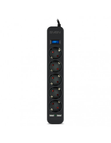 Surge Protector SVEN SF-05LU, 5 Sockets + 2 USB (2,4 A) , 3.0m, Black, color box