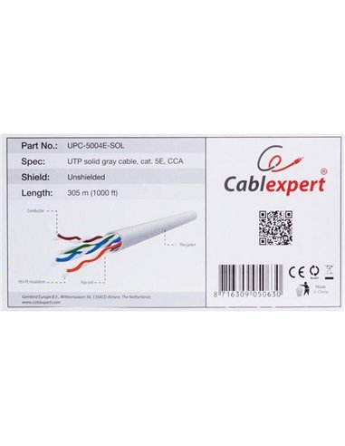 Cable UTP Gembird UPC-5004E-SOL, Solid Gray cable, AWG24 solid CCA, cat. 5E, 305m