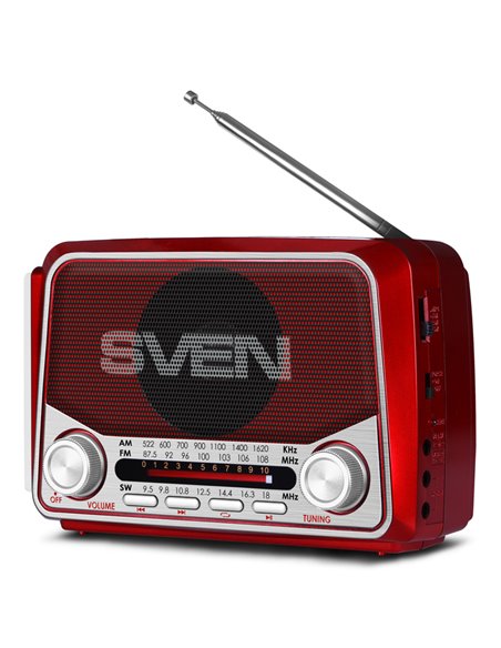 SVEN SRP-525 Red, FM/AM/SW Radio, 3W RMS, 8-band radio receiver, built-in audio files player from USB-fash, microSD and SD ca...