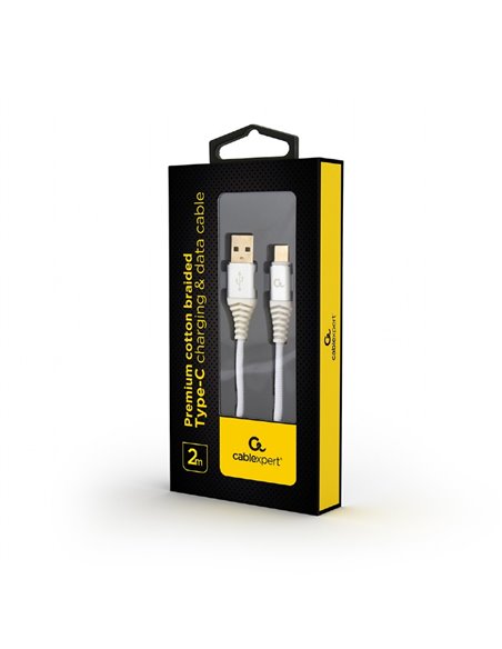 Cable USB2.0/Type-C Premium cotton braided - 2m - Cablexpert CC-USB2B-AMCM-2M-BW2, Silver/White, USB 2.0 A-plug to type-C plu...