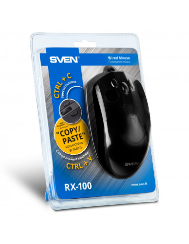 SVEN RX-100, Optical Mouse, Windows OS/ Mac OS, copy/paste buttons, 5+1 (scroll wheel), 1000-4000 dpi, USB, 1.5 m, Black