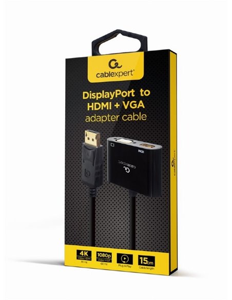 Переходник Cablexpert A-DPM-HDMIFVGAF-01, DisplayPort (M) - HDMI (F) + VGA (F), 0.1 м, Чёрный