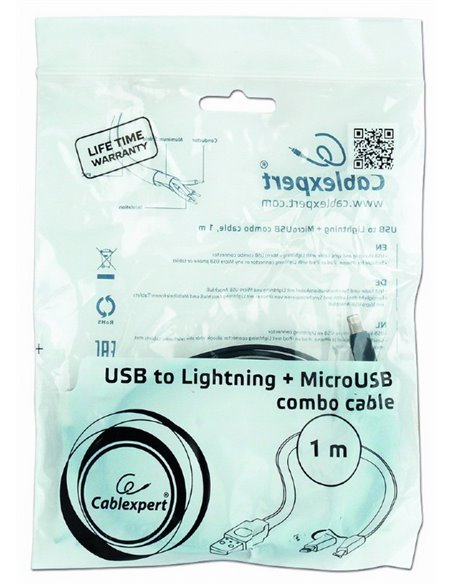Cable USB2.0 combo (2 in 1) - 1m - Cablexpert CC-USB2-AMLM2-1m, USB 2.0 A-plug to 8-pin male connector (for Iphone) + male Mi...