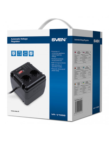 SVEN VR-V1000, 500W, Automatic Voltage Regulator, 2x Schuko outlets+1x ІЕС 320, Input voltage: 184-285V, Output voltage: 230V...
