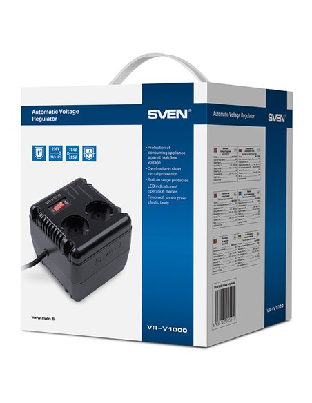 SVEN VR-V1000, 500W, Automatic Voltage Regulator, 2x Schuko outlets+1x ІЕС 320, Input voltage: 184-285V, Output voltage: 230V...