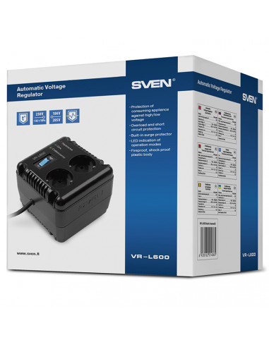 SVEN VR-L600, 200W, Automatic Voltage Regulator, 2x Schuko outlets, Input voltage: 184-285V, Output voltage: 230V ± 10%, diod...