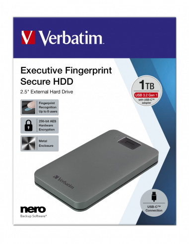 2.5” External HDD 1.0TB (USB3.2/USB-C) Verbatim Executive Fingerprint Secure, Grey, Aluminium, Sleek, Nero Backup Software, ...