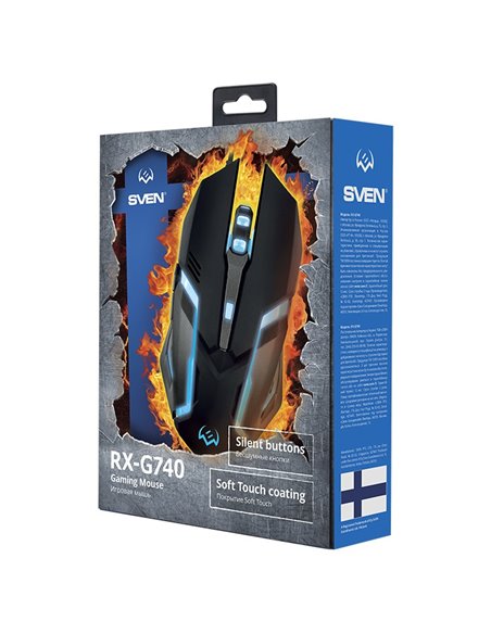 SVEN RX-G740 Gaming, Optical Mouse, 800/1200/1800/2400 dpi, 5+1 buttons (scroll wheel), DPI switching modes, Two navigation ...