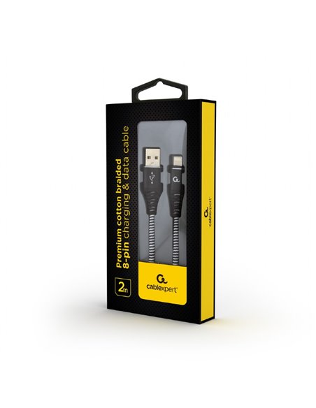 Cable USB2.0/8-pin (Lightning) Premium cotton braided - 2m - Cablexpert CC-USB2B-AMLM-2M-BW, Black/White, USB 2.0 A-plug to 8...