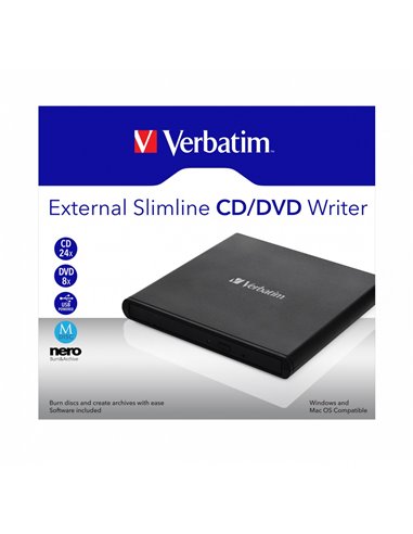 External Slimline CD/DVD Writer VERBATIM, Portable Slim -14mm, Super-Multi CDR/RW +24x/-24x, DVDR+8x/-8x, RW+6x/-6x, DL+6x, R...