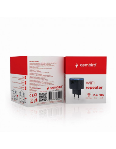 Wi-Fi repeater Gembird WNP-RP300-03-BK / N300 / Wi-Fi4 / 1 x 10/100M RJ45 / Black