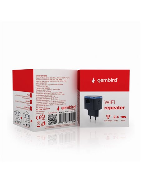 Wi-Fi repeater Gembird WNP-RP300-03-BK / N300 / Wi-Fi4 / 1 x 10/100M RJ45 / Black