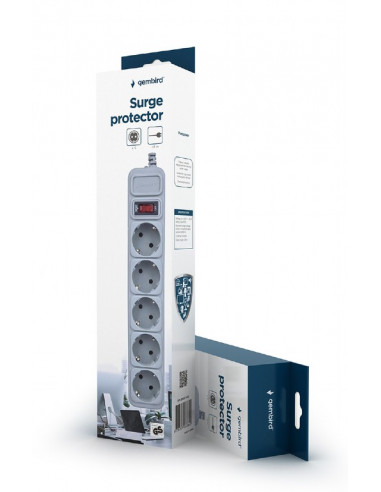 Gembird Surge Protector SPG3-B-10C, 5 Sockets, 3m, up to 250V AC, 16 A, safety class IP20, Grey