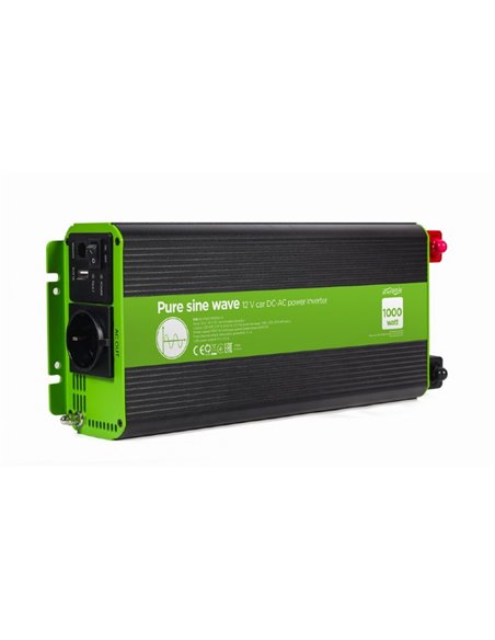 EnerGenie EG-PWC-PS1000-01, 12 V Pure sine wave car DC-AC power inverter, 1000 W, with USB port / 5V-2.1A, Input: 10-16 VDC ...