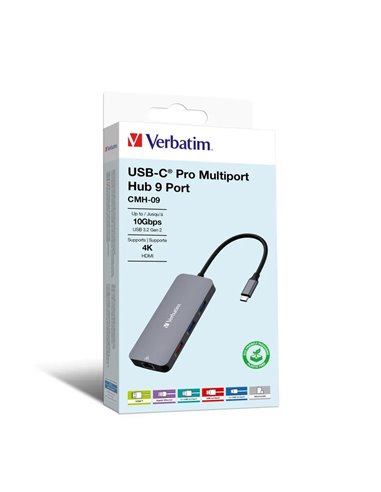 Многопортовый Адаптер Verbatim CMH-09/ USB-С/ 2xUSB-A 3.2/ 1xUSB-A 3.2(Gen 2)/ 2xUSB-C 3.2(Gen 2)/ HDMI/ RJ45/ SD/ microSD