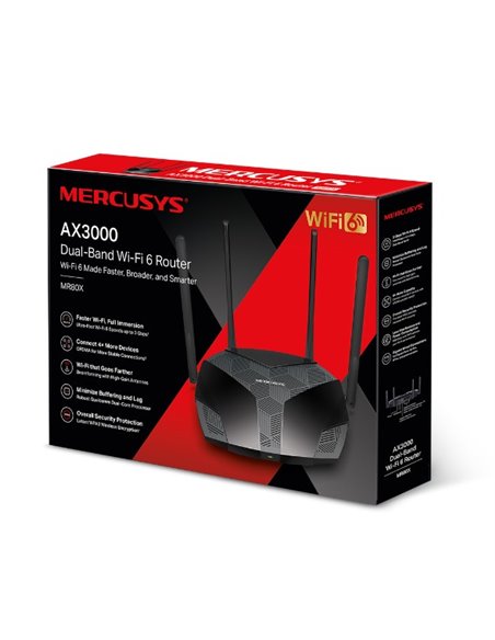 Wireless Router MERCUSYS MR80X / AX3000 Dual Band / Wi-Fi6 / Gigabit / 1WAN+3LAN / 4 external antennas Wireless Router MERCUSYS MR80X / AX3000 Dual Band / Wi-Fi6 / Gigabit / 1WAN+3LAN / 4 external antennas
