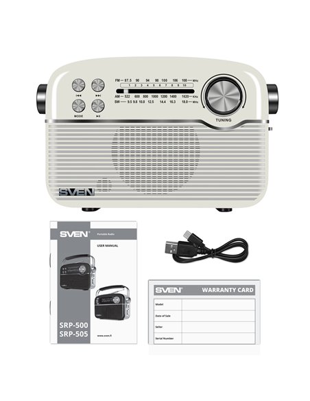 Колонка Портативная SVEN SRP-500, White / 3W / Bluetooth / FM/AM/SW Radio / USB / microSD
