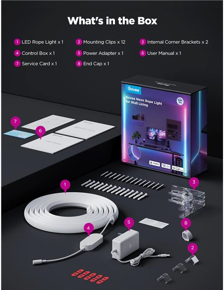 Lumina neon de tip franghie pentru captuseala peretilor GOVEE Neon Rope Light / 5m / Multicolor / Wi-Fi + BT