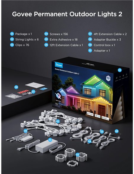Наружное освещение GOVEE RGBICW Permanent Outdoor Lights 2 30M, 72 Lights