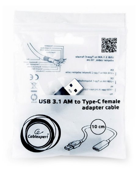 Кабель для зарядки и синхронизации Cablexpert A-USB3-AMCF-01, USB Type-A/USB Type-C (F), 0,1м, Чёрный