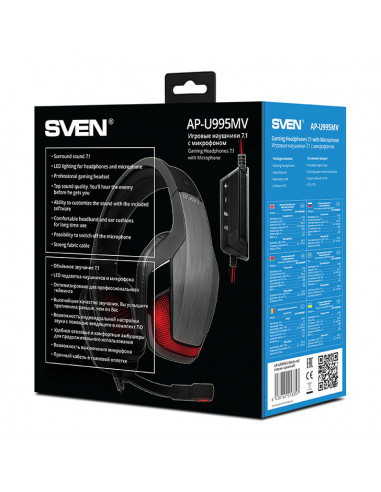 Căști gaming SVEN AP-U995MV, Cu fir, Negru/Roșu