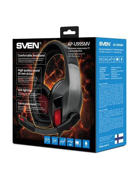 Căști gaming SVEN AP-U995MV, Cu fir, Negru/Roșu