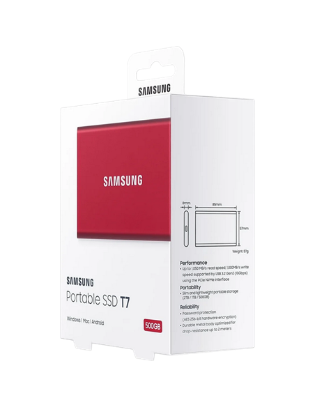Внешний портативный SSD накопитель Samsung T7, 500 ГБ, Красный (MU-PC500R/WW)