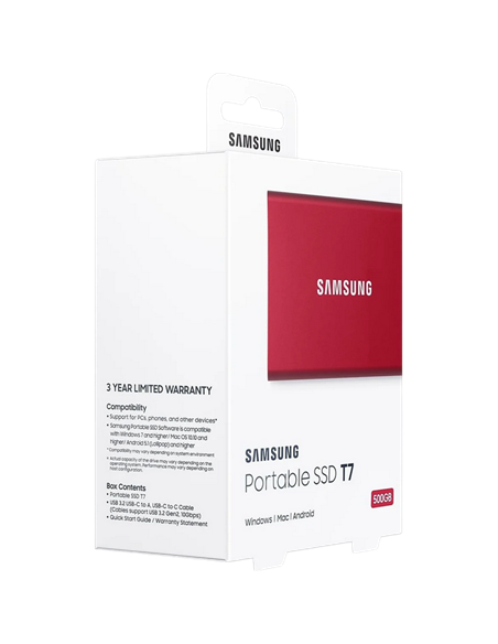 Внешний портативный SSD накопитель Samsung T7, 500 ГБ, Красный (MU-PC500R/WW)