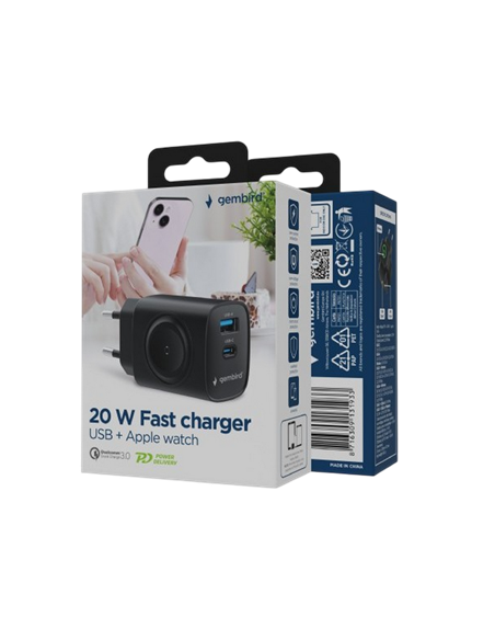 Încărcător Gembird 2 in 1 + Încărcare fără fir pentru Apple Watch, 20W, Negru Încărcător Gembird 2 in 1 + Încărcare fără fir pentru Apple Watch, 20W, Negru