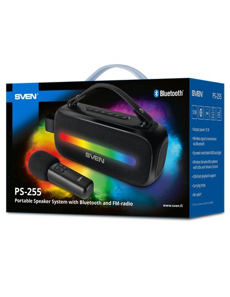 Boxa portabila cu microfon SVEN PS-255 / 12W RMS / FM tuner / USB / Black